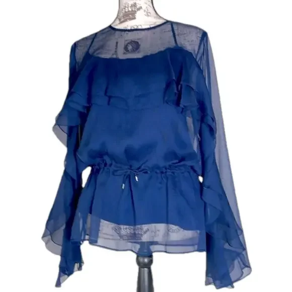 See By Chloe Sheer Navy Ruffle Blouse w/ Cami Top Boho Romantic Medium - Picture 16 of 17